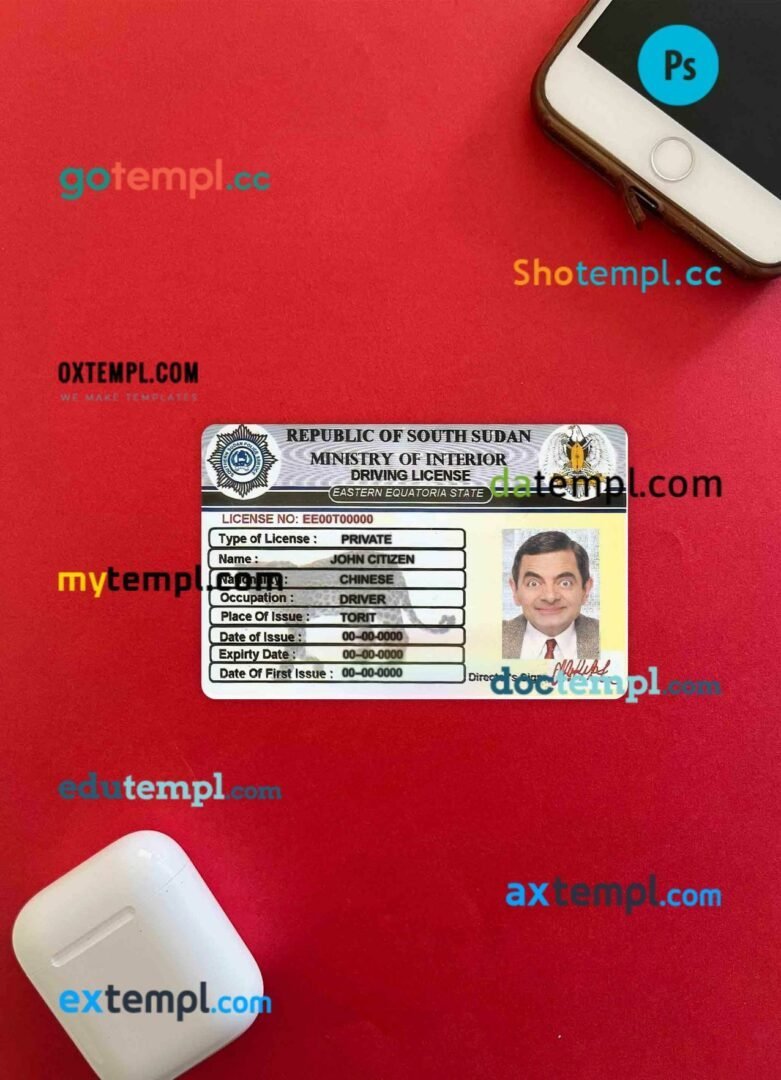 South Sudan driving license PSD files, scan look and photographed image, 2 in 1