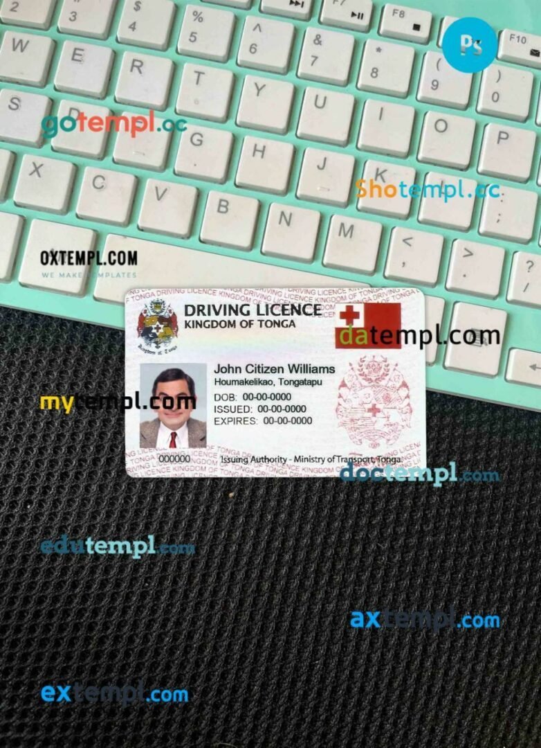 Tonga driving license editable PSD files, scan look and photo-realistic look, 2 in 1