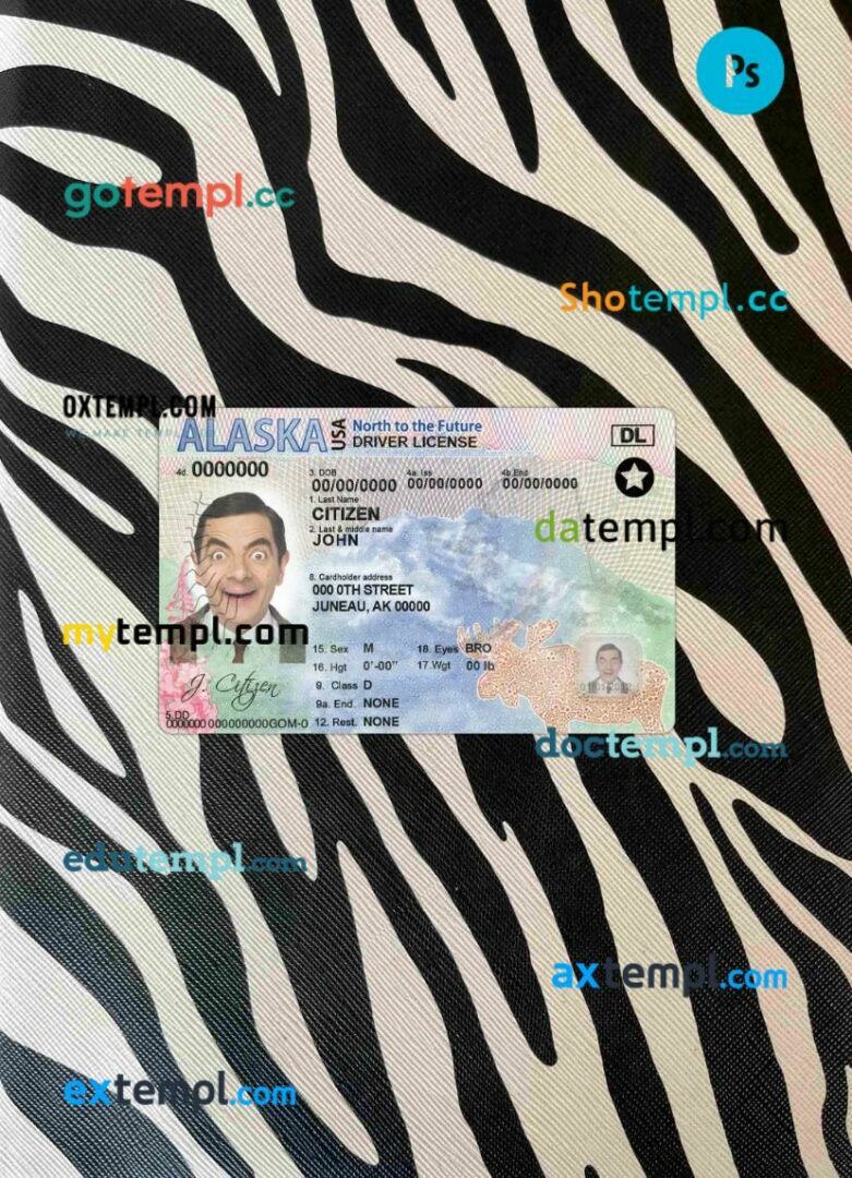 USA Alaska driving license PSD files, scan look and photographed image, 2 in 1