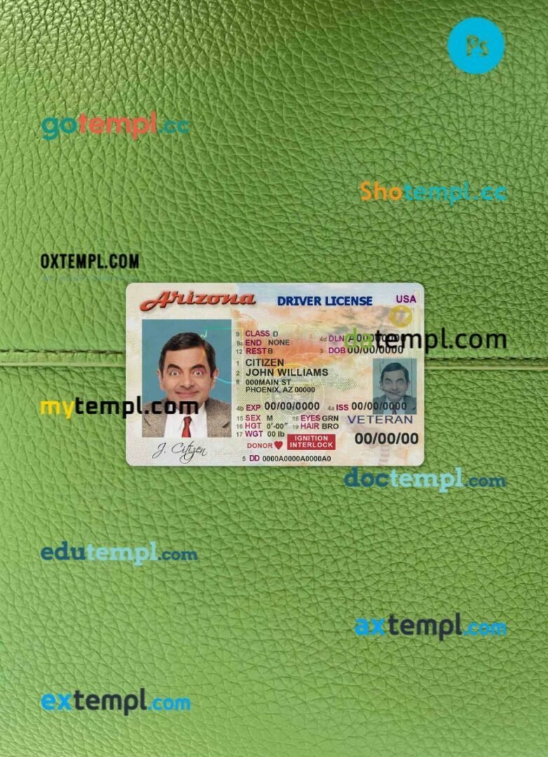 USA Arizona driving license PSD files, scan look and photographed image, 2 in 1