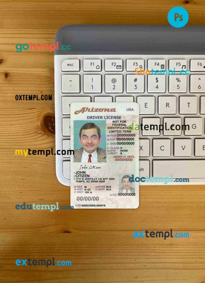 USA Arizona driving license PSD files, scan look and photographed image, 2 in 1, under 21