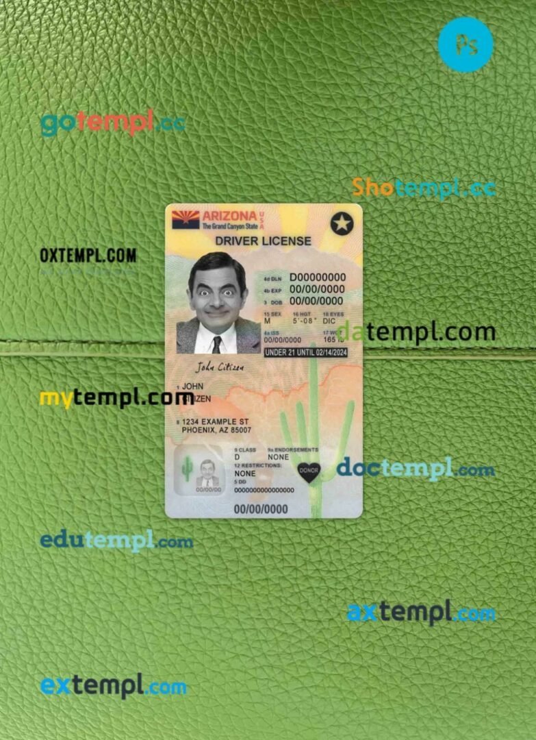 USA Arizona driving license editable PSD files, scan look and photo-realistic look, 2 in 1 (version 2), under 21