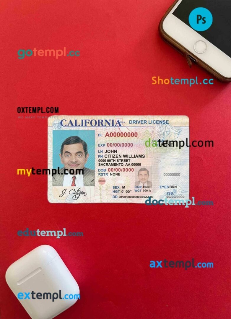 USA California driving license editable PSD files, scan look and photo-realistic look, 2 in 1