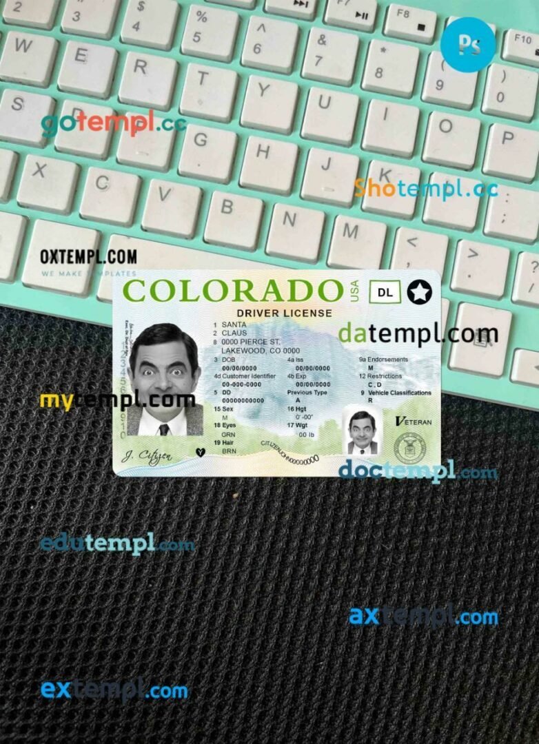 USA Colorado driving license editable PSD files, scan look and photo-realistic look, 2 in 1