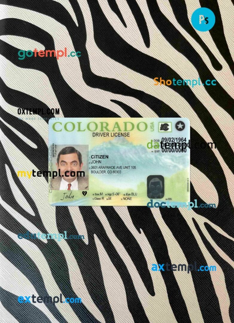 USA Colorado driving license editable PSD files, scan look and photo-realistic look, 2 in 1 (version 2)