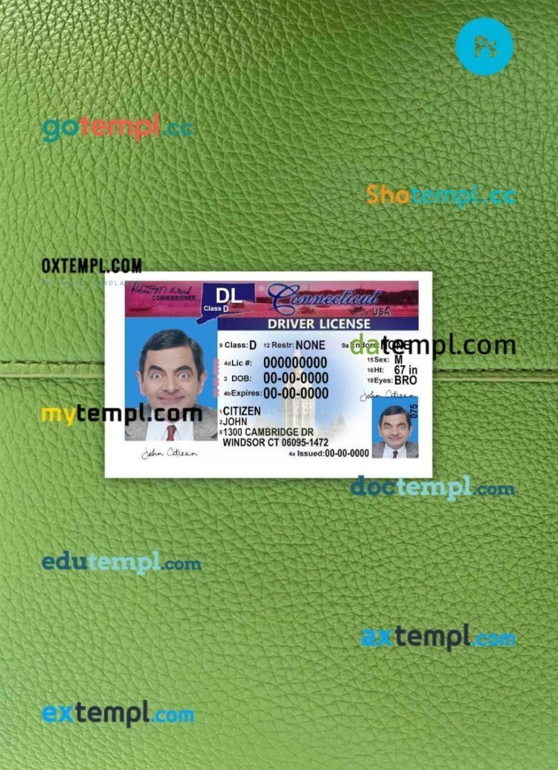 USA Connecticut driving license editable PSD files, scan look and photo-realistic look, 2 in 1 (version 2)