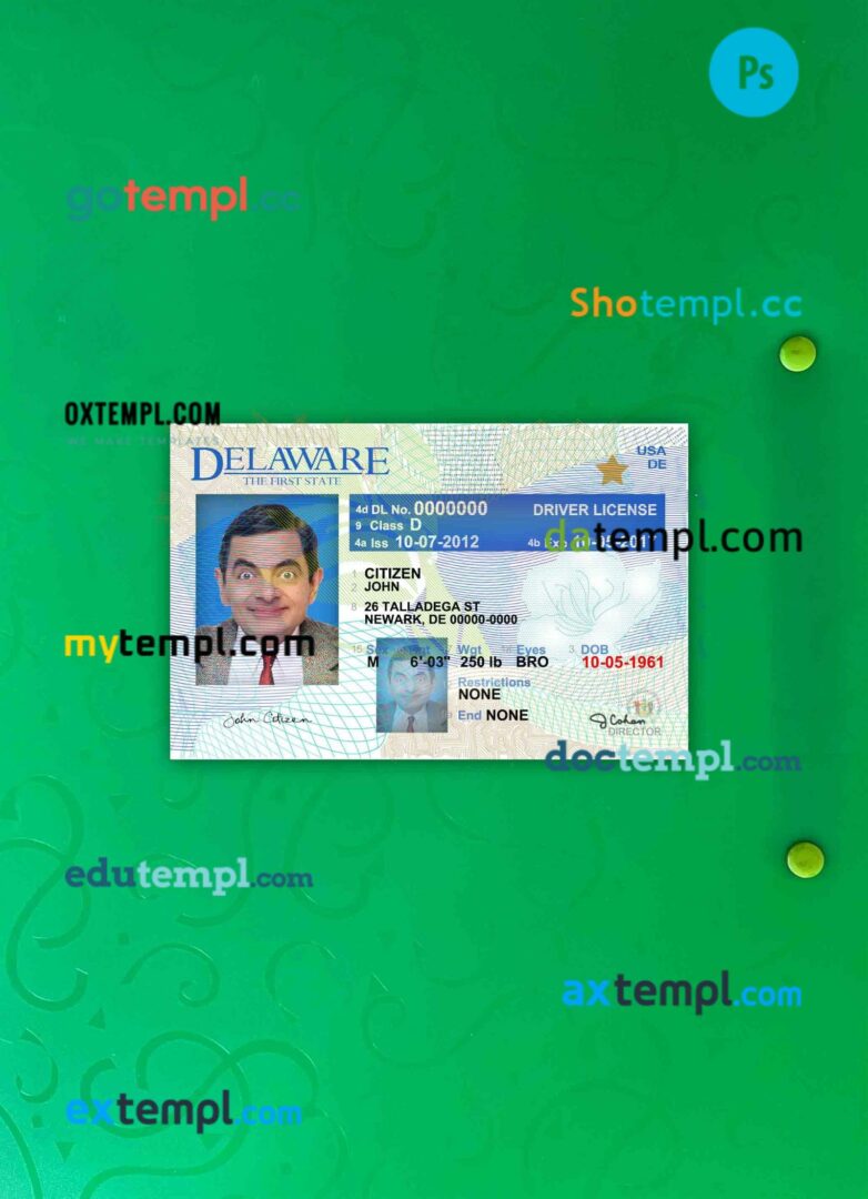 USA Delaware driving license editable PSD files, scan look and photo-realistic look, 2 in 1 (version 2)