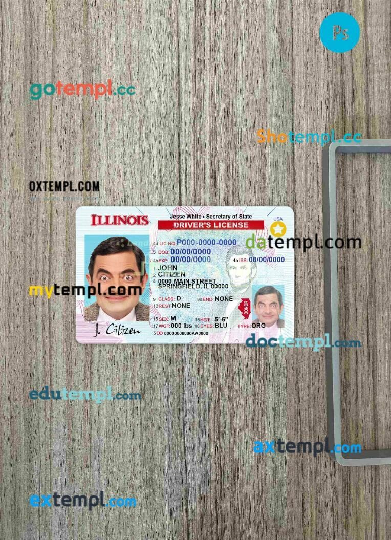 USA Illinois driving license editable PSD files, scan look and photo-realistic look, 2 in 1