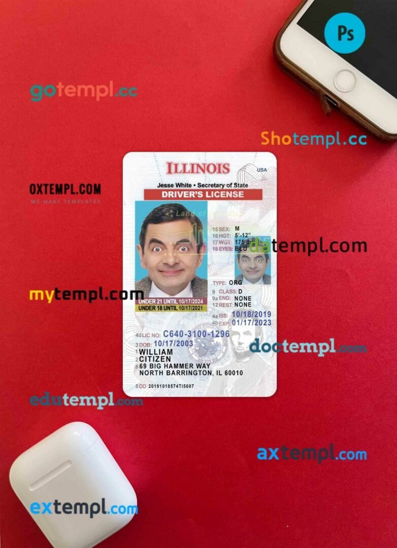 USA Illinois driving license PSD files, scan look and photographed image, 2 in 1, under 21