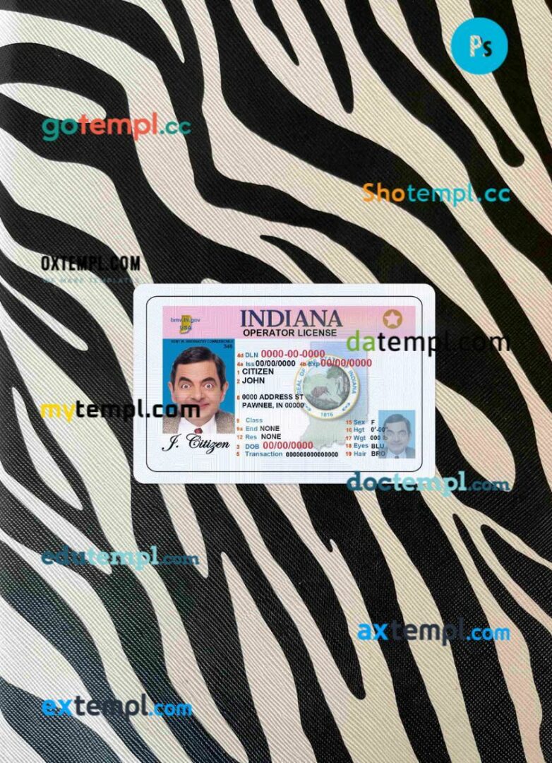 USA Indiana (operator) driving license editable PSD files, scan look and photo-realistic look, 2 in 1, under 21