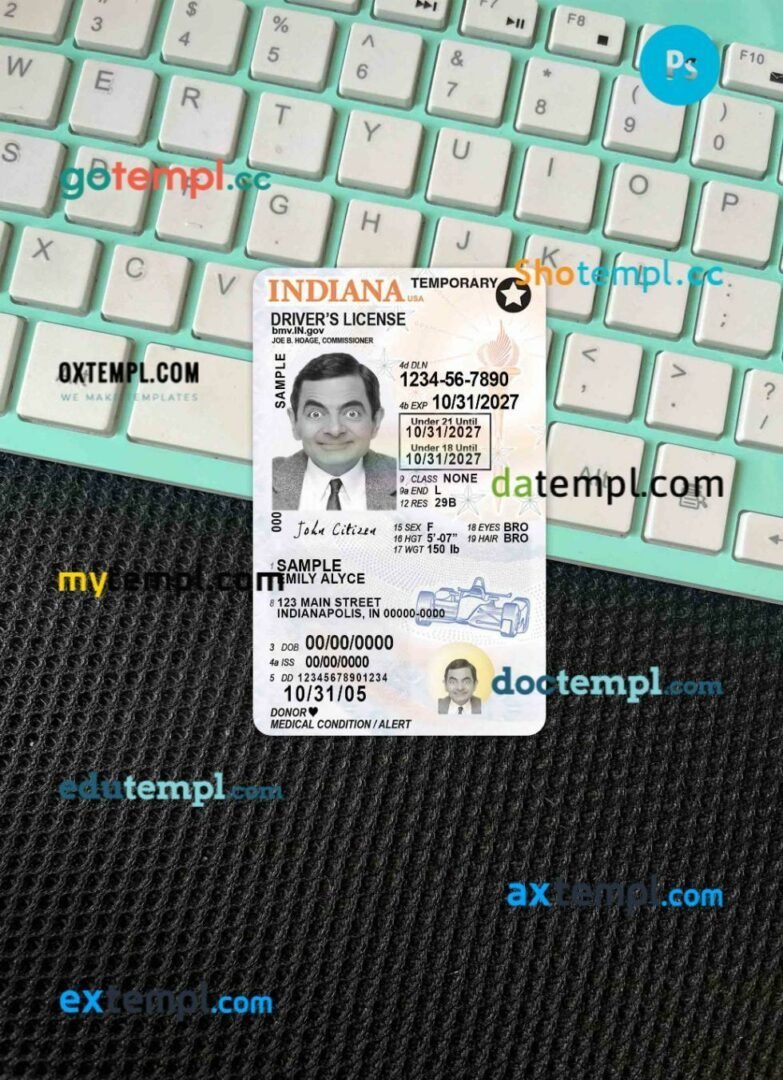 USA Indiana driving license PSD files, scan look and photographed image, 2 in 1, under 21
