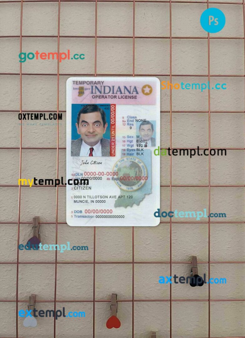 USA Indiana (operator) driving license editable PSD files, scan look and photo-realistic look, 2 in 1, under 21