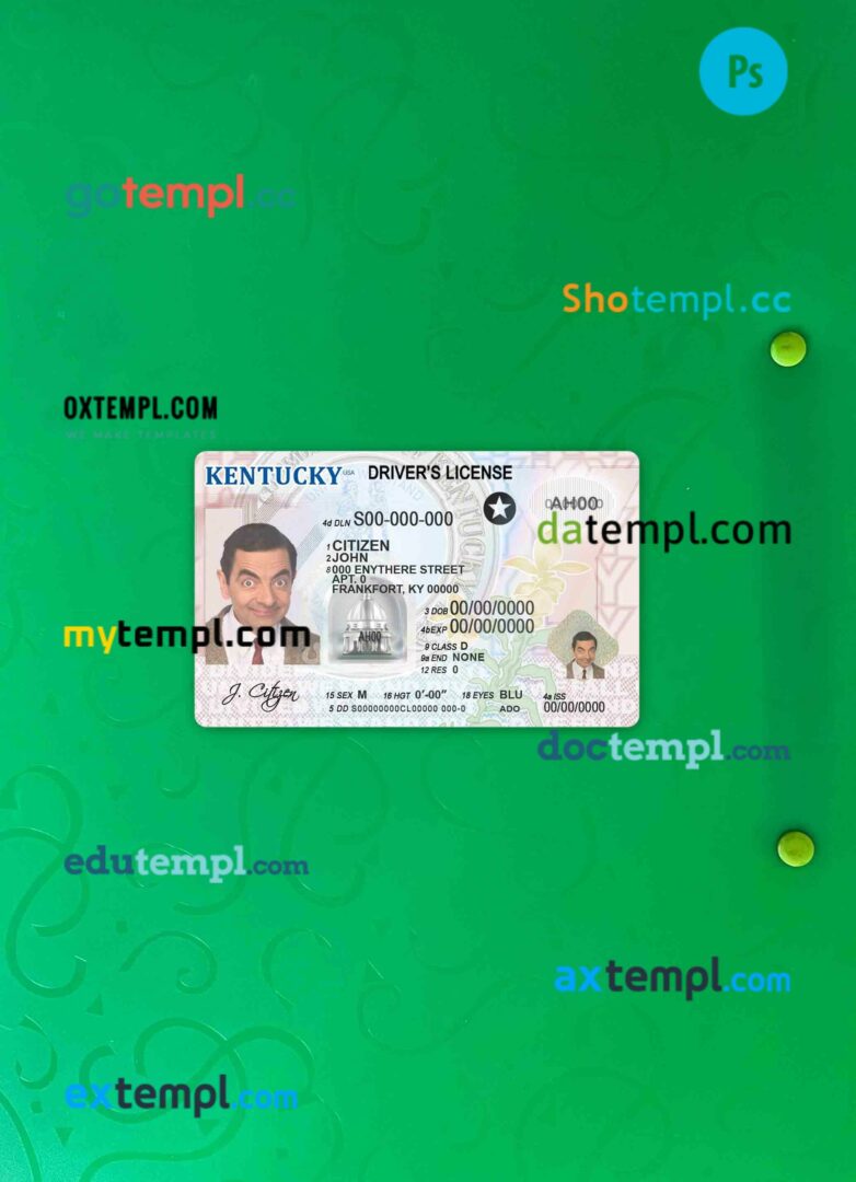 USA Kentucky driving license PSD files, scan look and photographed image, 2 in 1