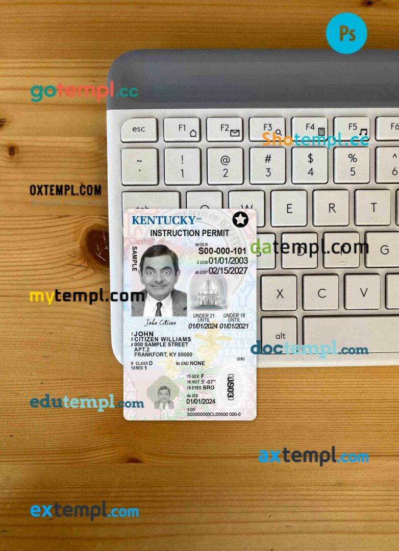 USA Kentucky driving license editable PSD files, scan look and photo-realistic look, 2 in 1, under 21
