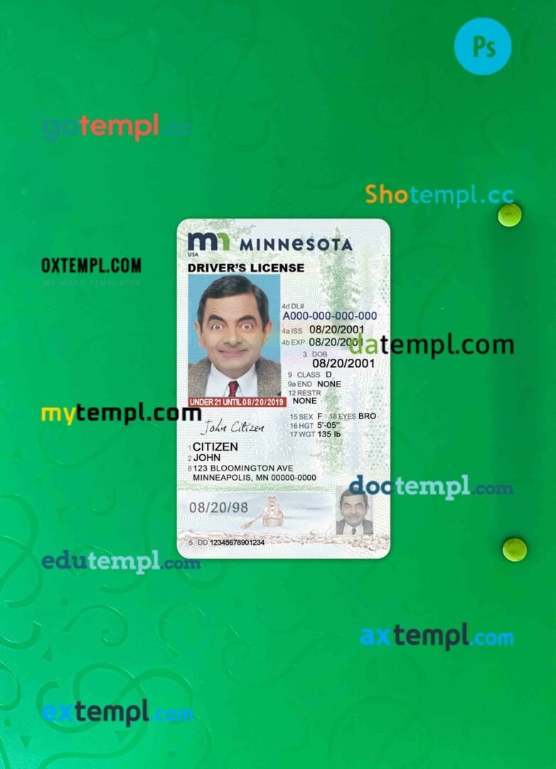 USA Minnesota driving license PSD files, scan look and photographed image, 2 in 1, under 21