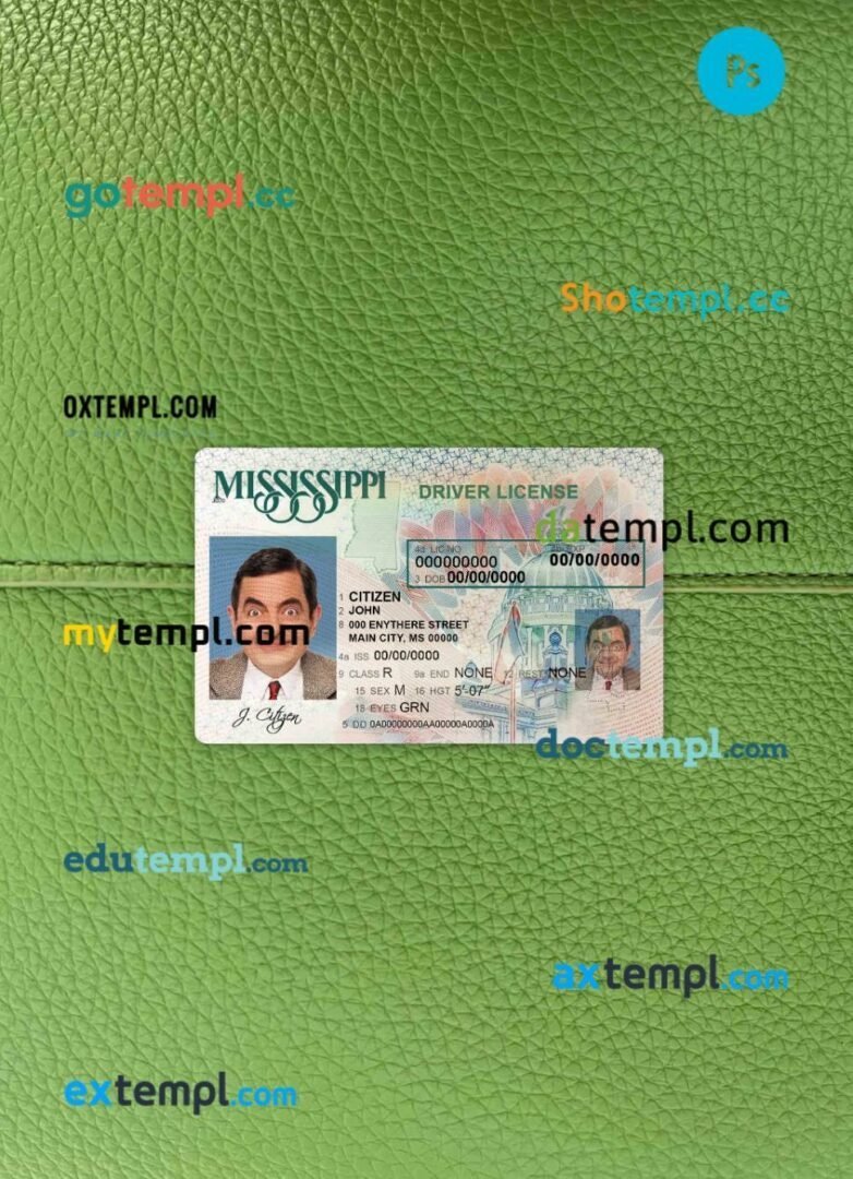 USA Mississippi driving license editable PSD files, scan look and photo-realistic look, 2 in 1