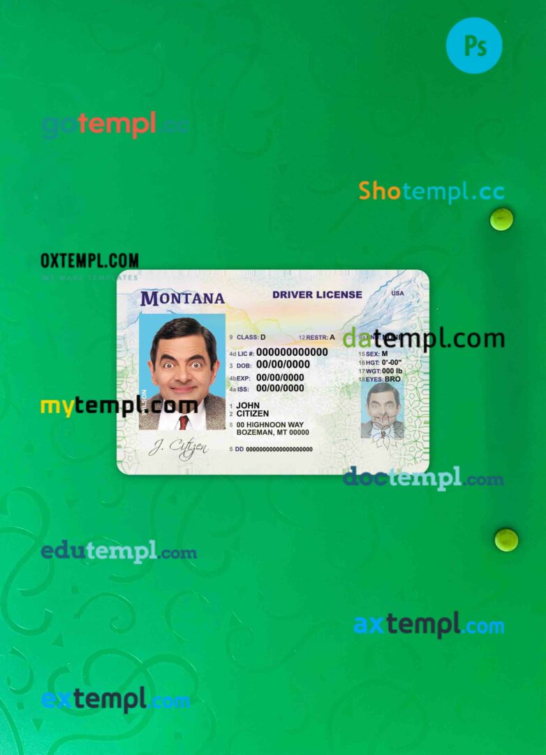 USA Montana driving license editable PSD files, scan look and photo-realistic look, 2 in 1