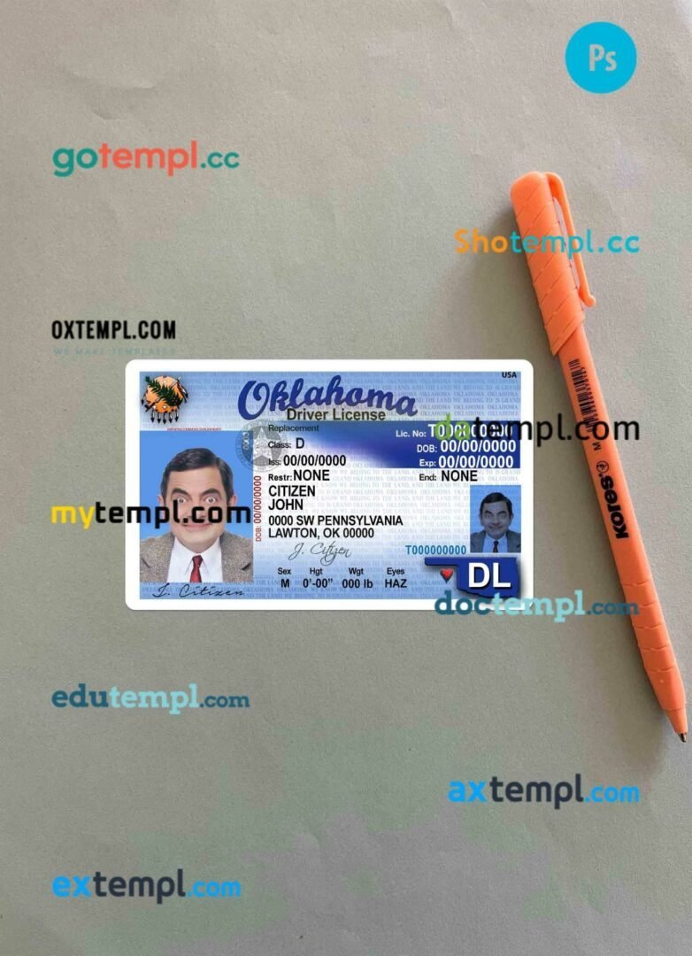 USA Oklahoma driving license editable PSD files, scan look and photo-realistic look, 2 in 1