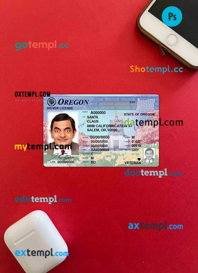 USA Oregon driving license editable PSD files, scan look and photo-realistic look, 2 in 1