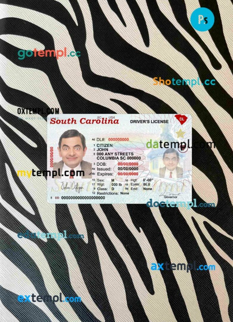 USA South Carolina state driving license editable PSD files, scan look and photo-realistic look, 2 in 1 (2020-present)