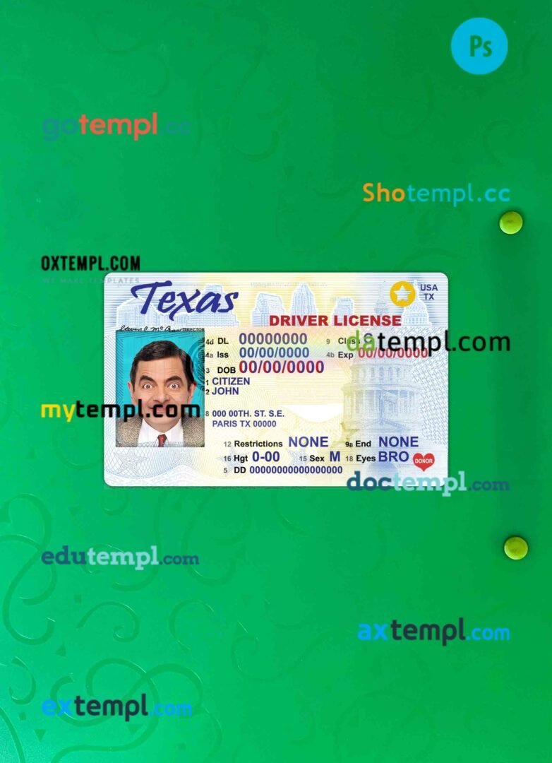 USA Texas driving license editable PSD files, scan look and photo-realistic look, 2 in 1