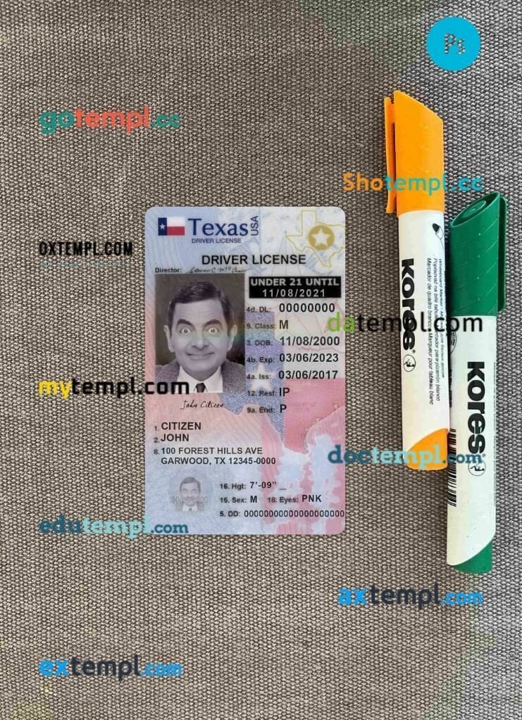 USA Texas driving license PSD files, scan look and photographed image, 2 in 1, under 21