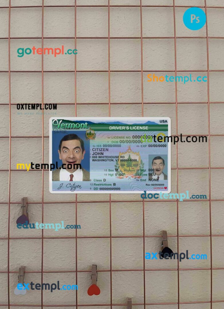 USA Vermont driving license PSD files, scan look and photographed image, 2 in 1 (2019-present)