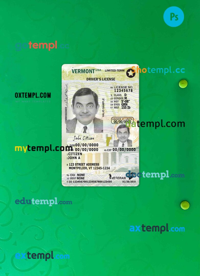 USA Vermont driving license editable PSD files, scan look and photo-realistic look, 2 in 1, under 21