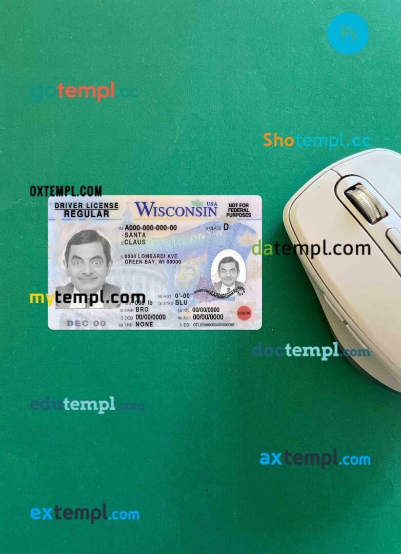 USA Wisconsin driving license PSD files, scan look and photographed image, 2 in 1