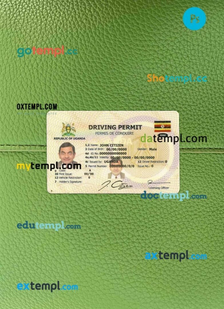 Uganda driving license editable PSD files, scan look and photo-realistic look, 2 in 1