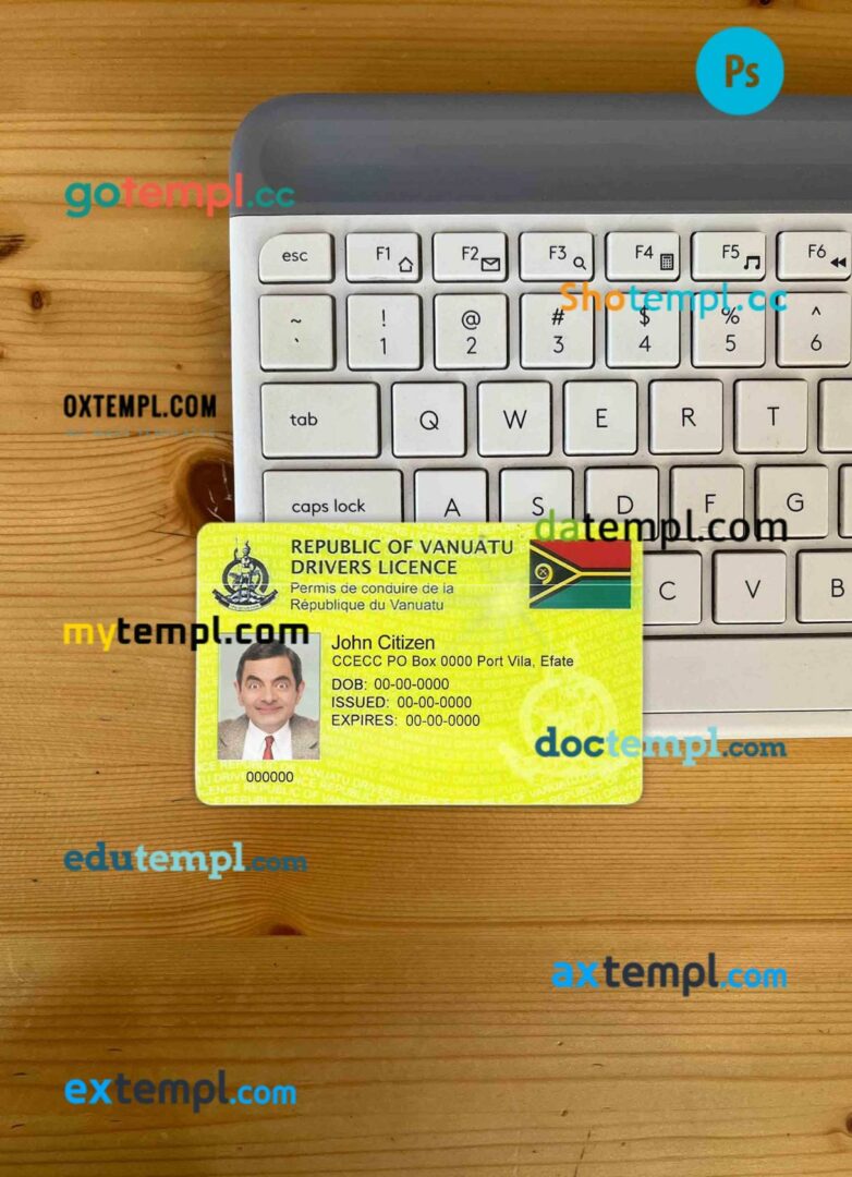 Vanuatu driving license PSD files, scan look and photographed image, 2 in 1