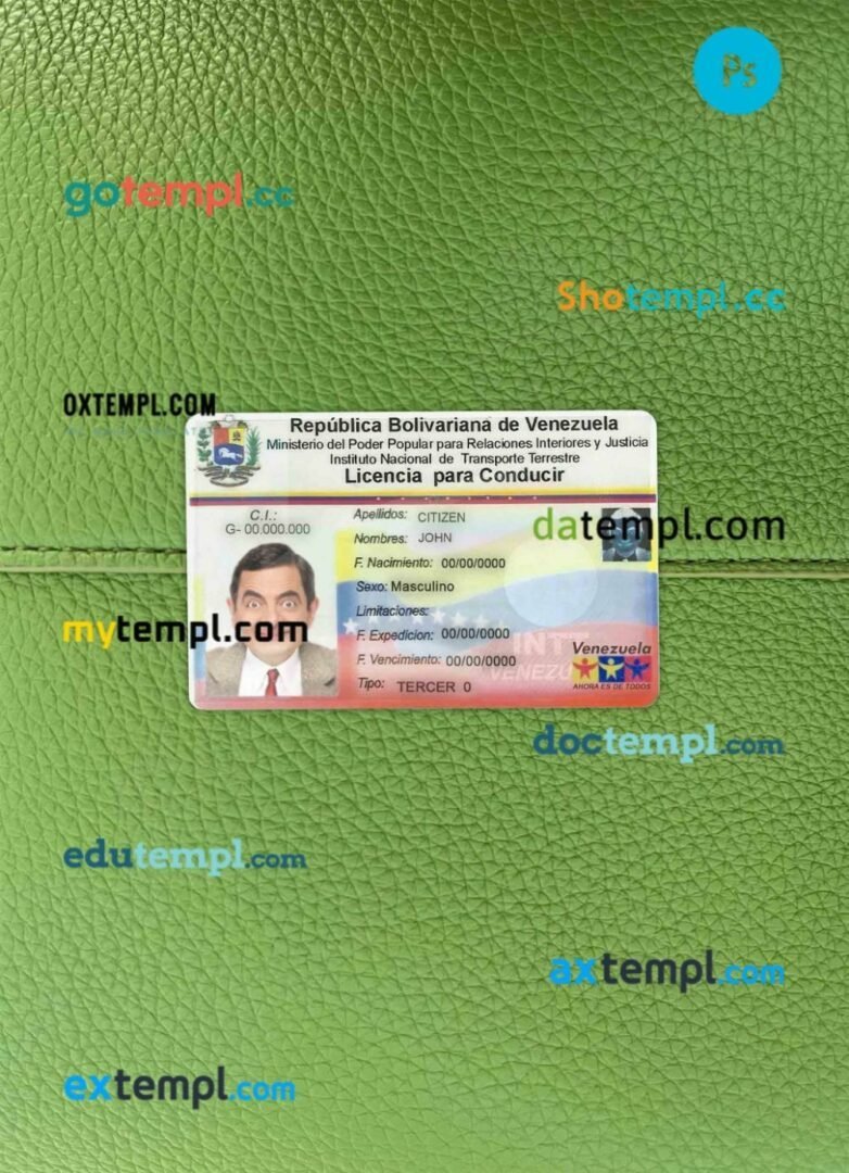Venezuela driving license editable PSD files, scan look and photo-realistic look, 2 in 1