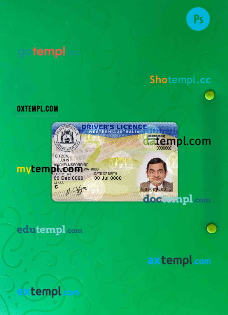 Western Australia driving license editable PSD files, scan look and photo-realistic look, 2 in 1