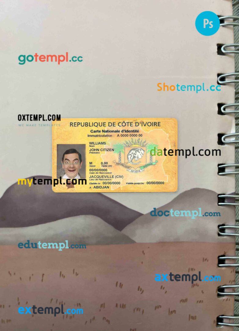 Cote D’ivoire ID card editable PSDs, scan and photo-realistic snapshot, 2 in 1