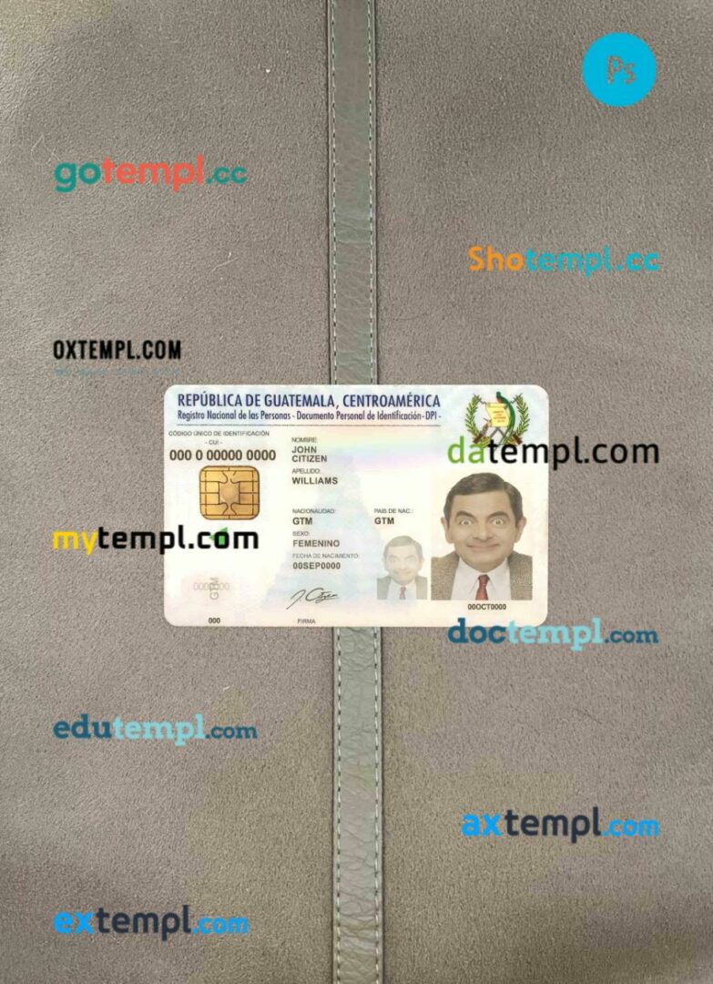 Guatemala ID card editable PSDs, scan and photo-realistic snapshot, 2 in 1