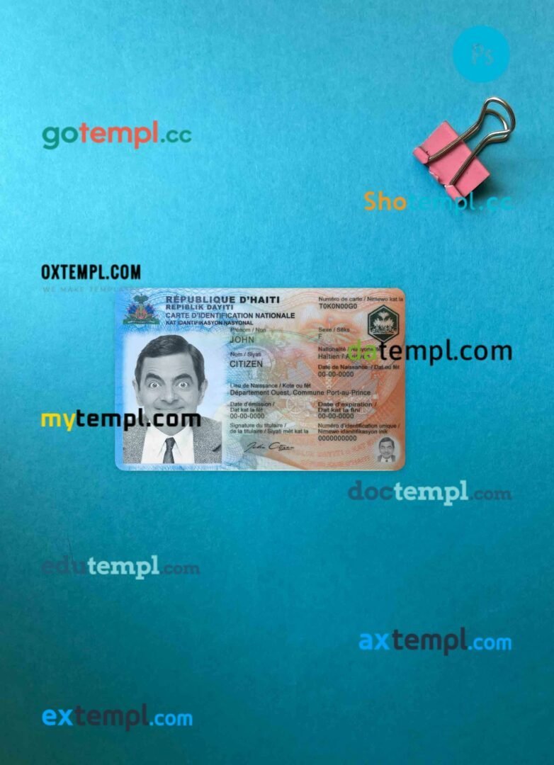 Haiti ID card editable PSD files, scan look and photo-realistic look, 2 in 1