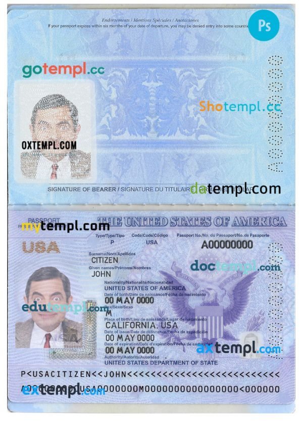 USA passport editable PSD files, scan and photo look templates, 2 in 1 (2020-2023)