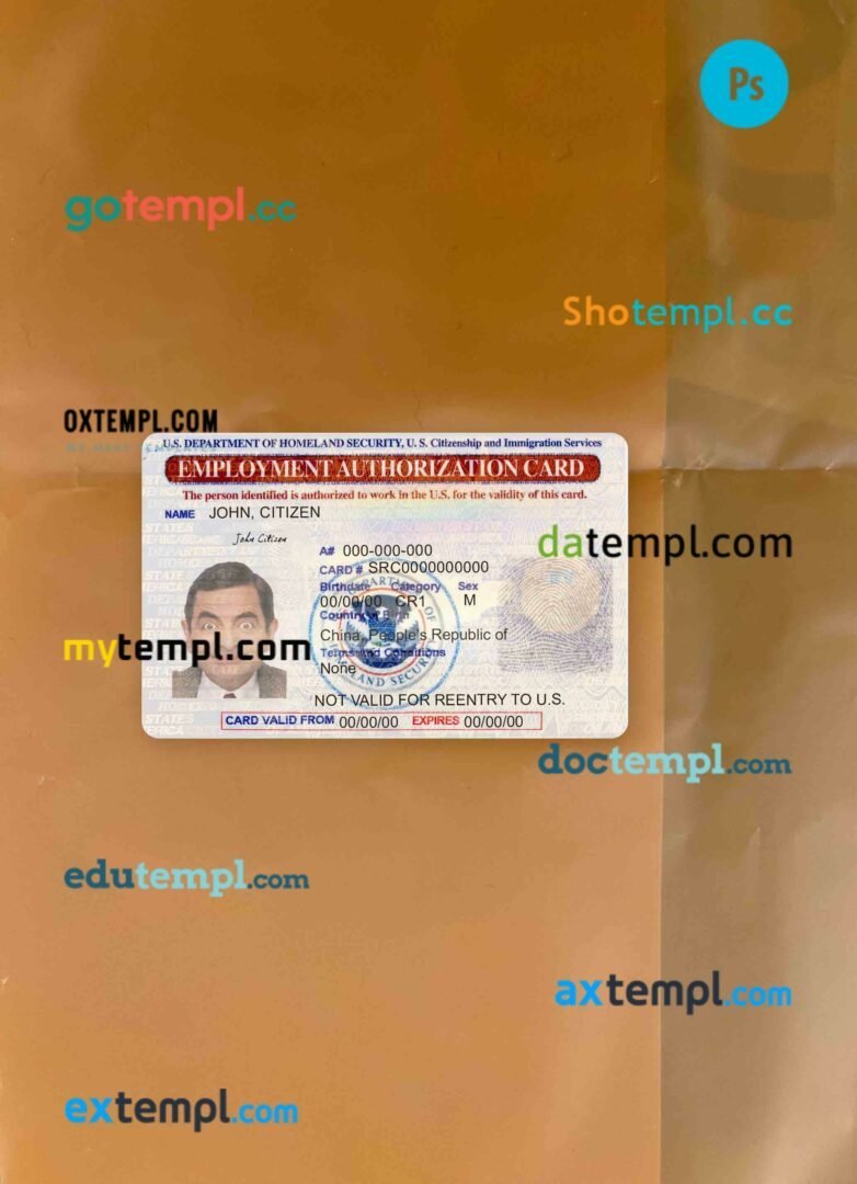 United States employment authorization card editable PSD files, scan look and photo-realistic look, 2 in 1