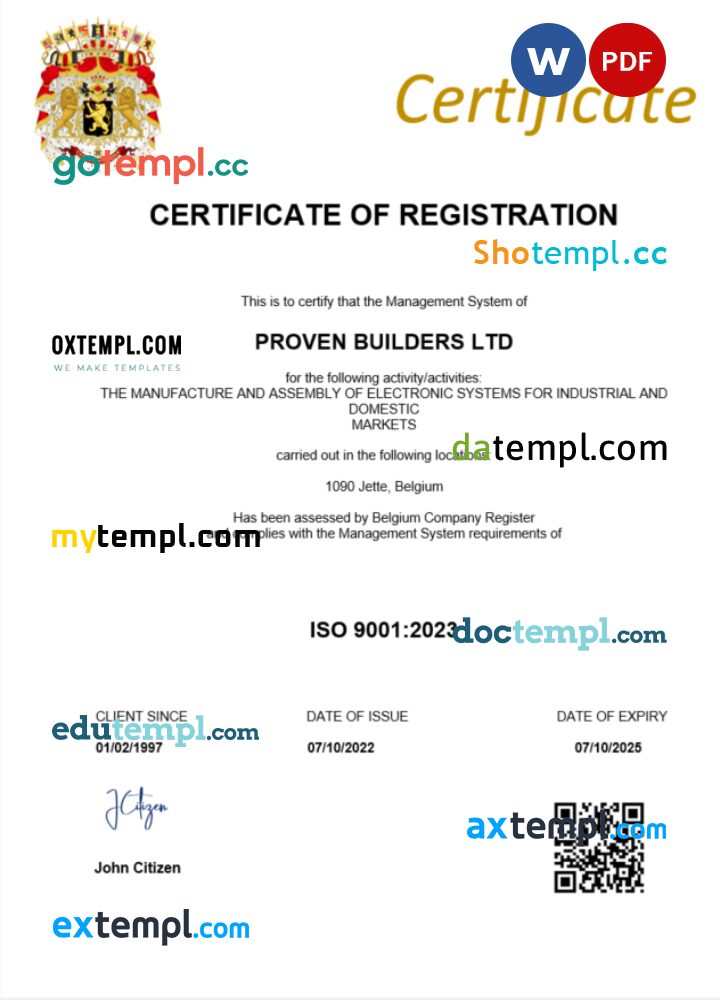 Belgium business registration certificate Word and PDF template