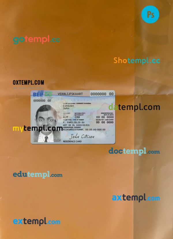 Belgium residence permit card editable PSDs, scan and photo-realistic snapshot, 2 in 1