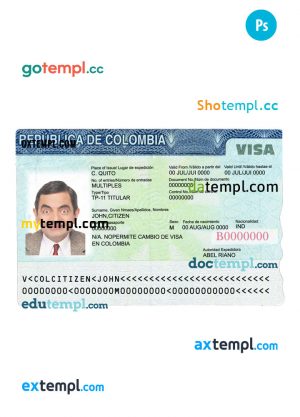 Colombia travel visa PSD template, completely editable