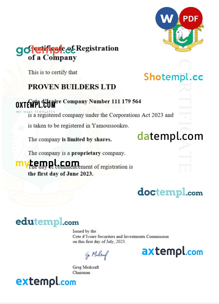 Cote d’Ivoire business registration certificate Word and PDF template