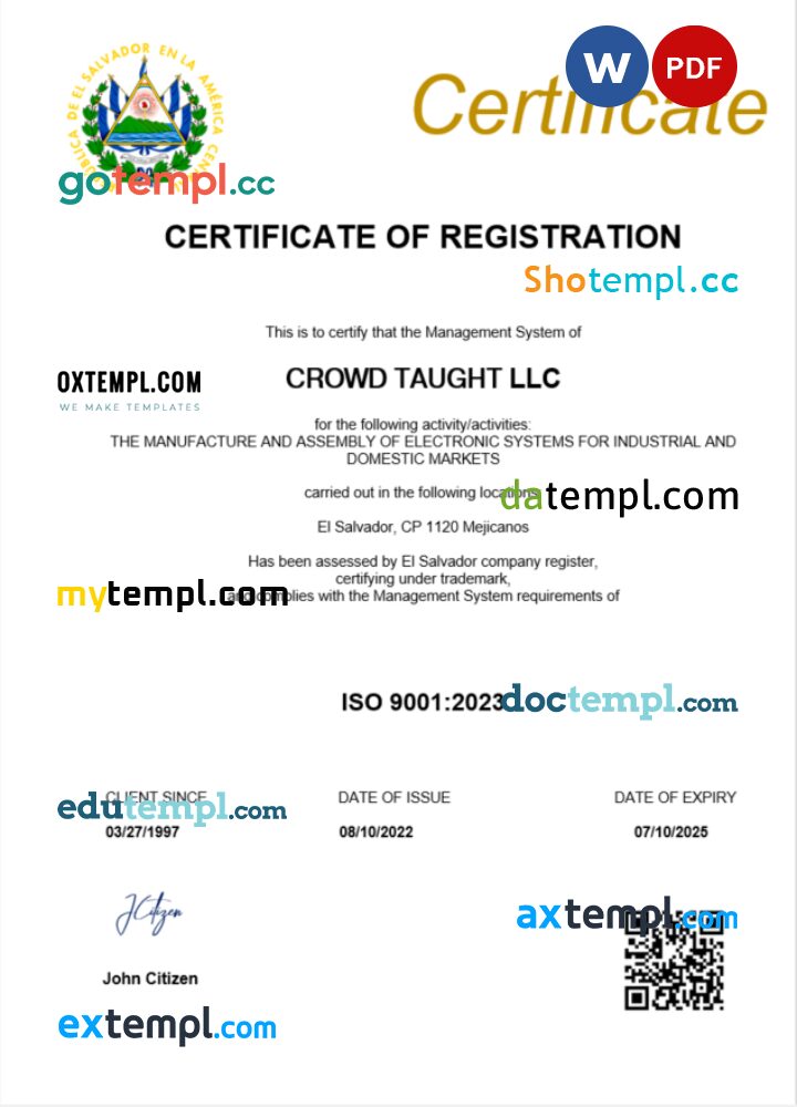 El Salvador business registration certificate Word and PDF template