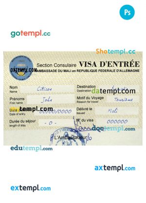 Mali Republic travel visa PSD template, fully editable