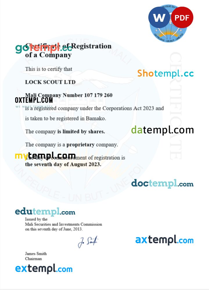 Mali business registration certificate Word and PDF template