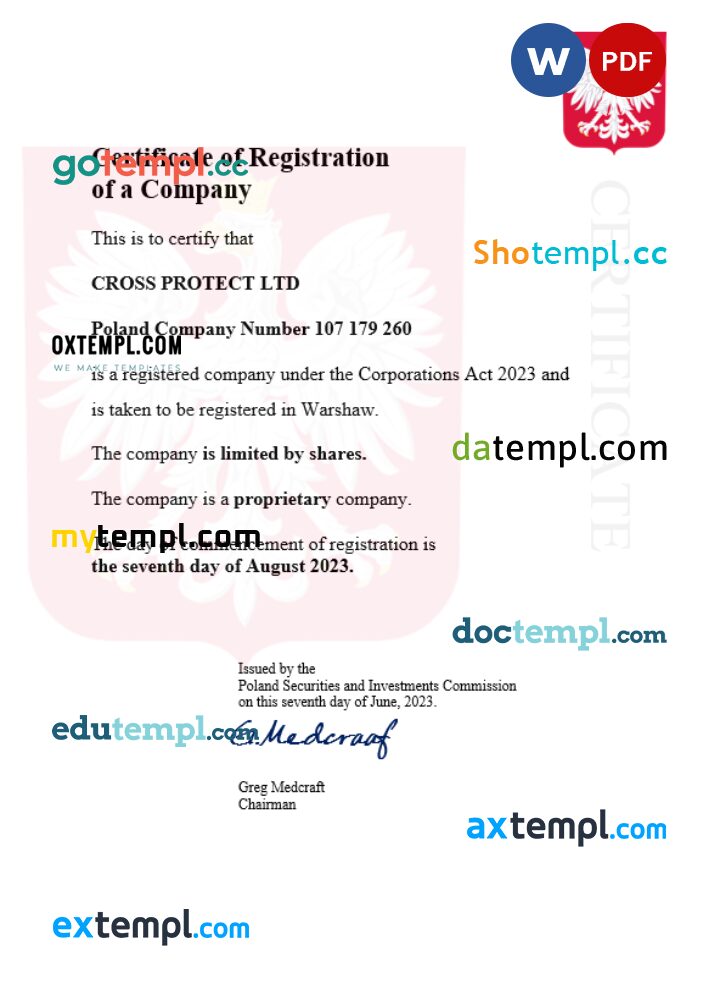 Poland business registration certificate Word and PDF template