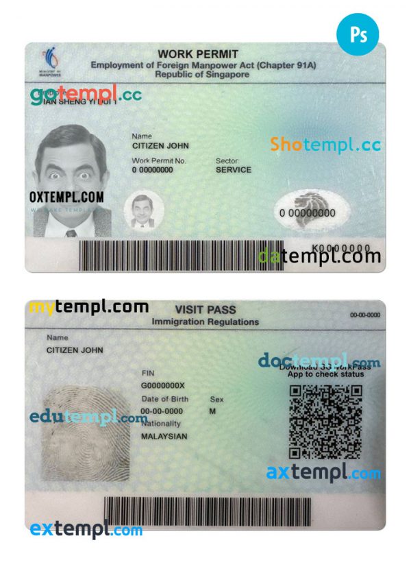 Singapore work permit card PSD template, with fonts