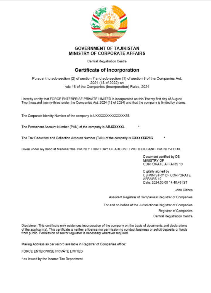 Singapore business registration certificate Word and PDF template