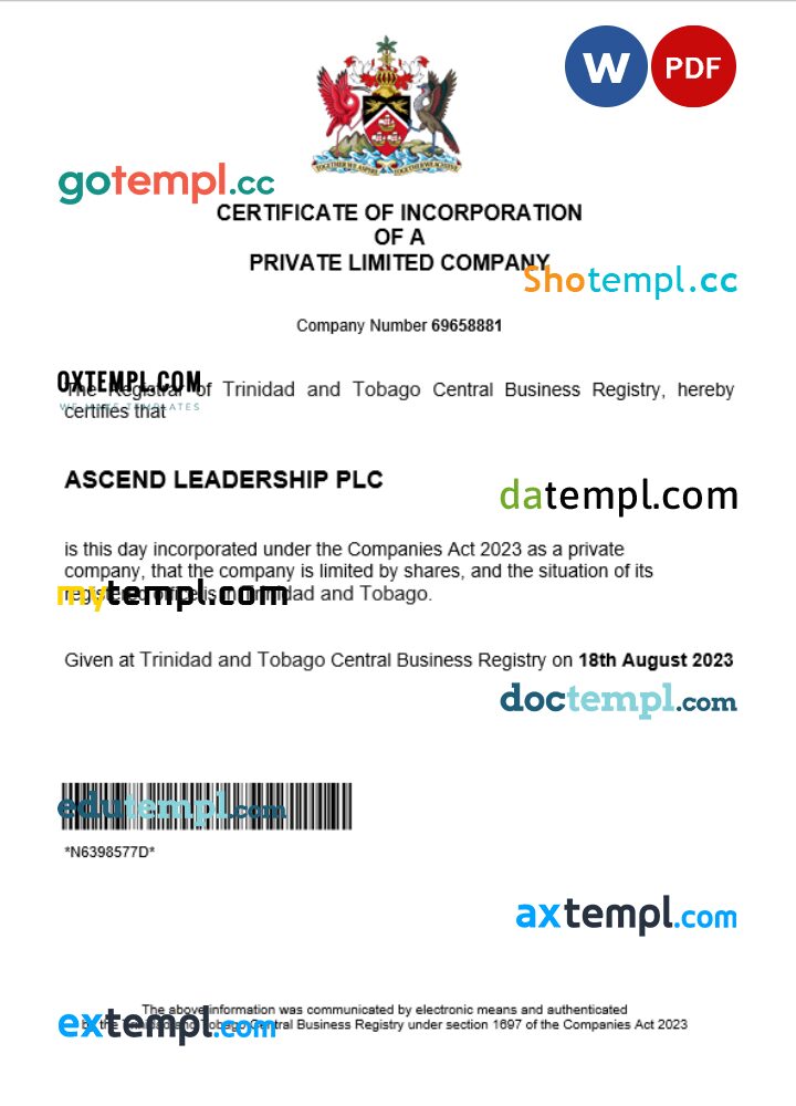 Trinidad and Tobago business registration certificate Word and PDF template