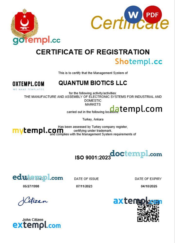 Turkey business registration certificate Word and PDF template